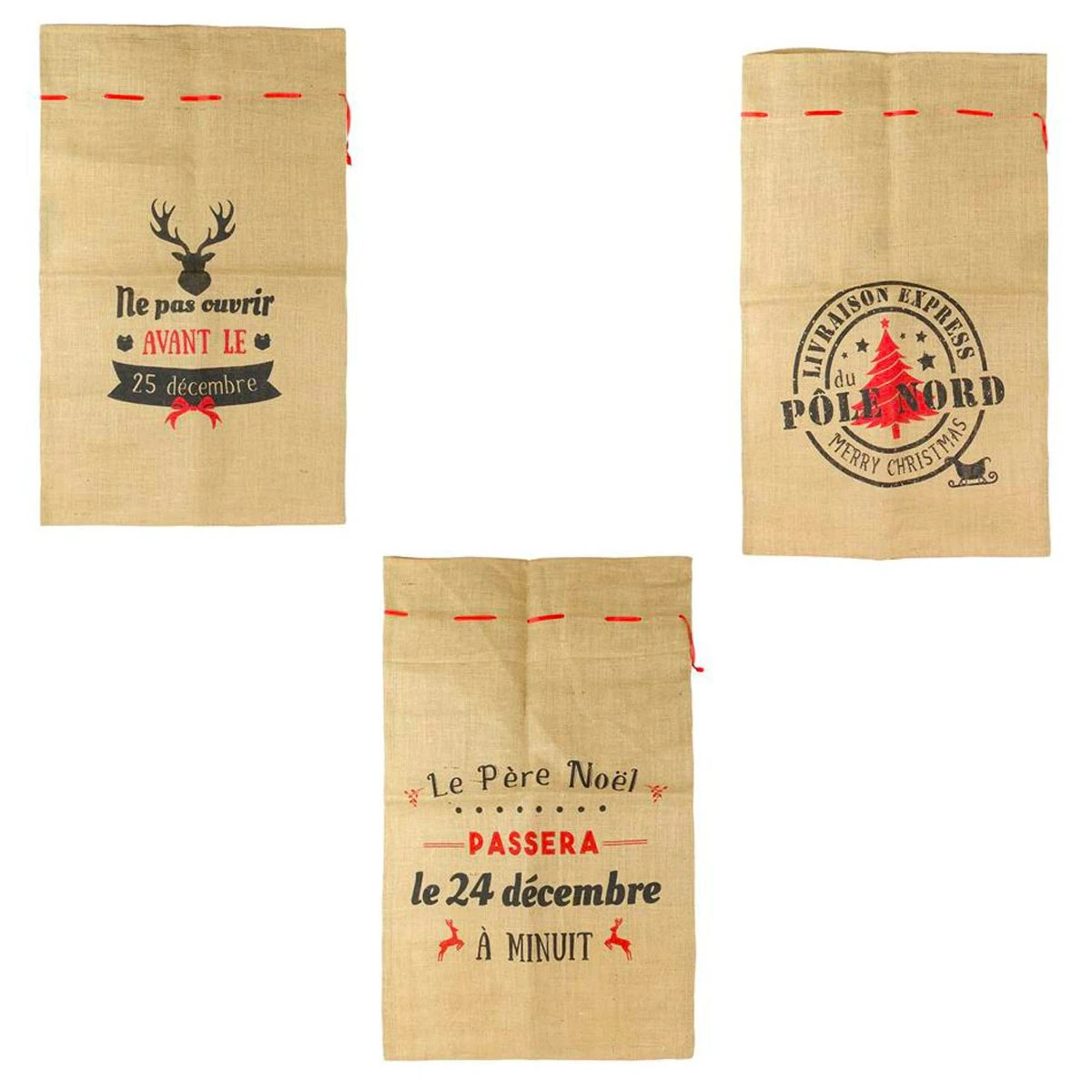 Lot De 3 Sacs Hottes à Cadeaux Du Père Noël 4 Lot De 3 Sacs Hottes à Cadeaux Du Père Noël – Image 2